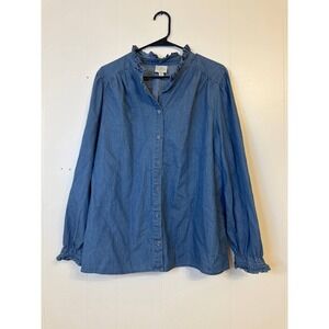 St Johns Bay Denim Chambray Ruffle Neck Button Up Shirt XL Blue Cotton